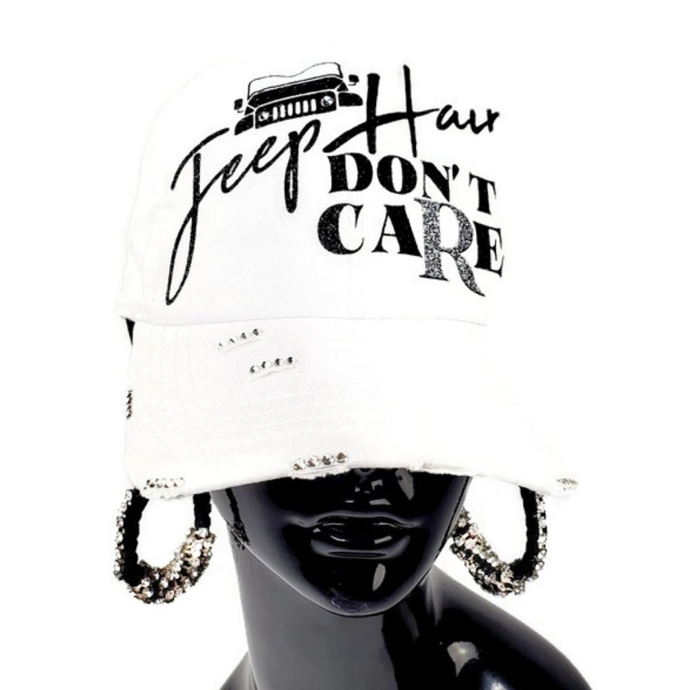 Jeep Hair Don't Care White Distressed Cap with Swarovski Crystals.
